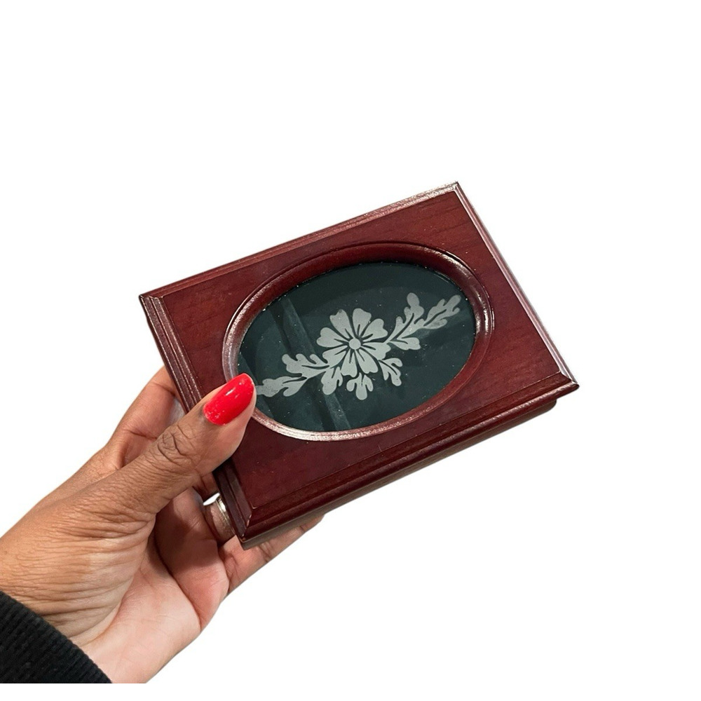 Vintage Small Wooden Jewelry Box with Etched Floral Glass Trinket Box Velvet - Picture 8 of 13